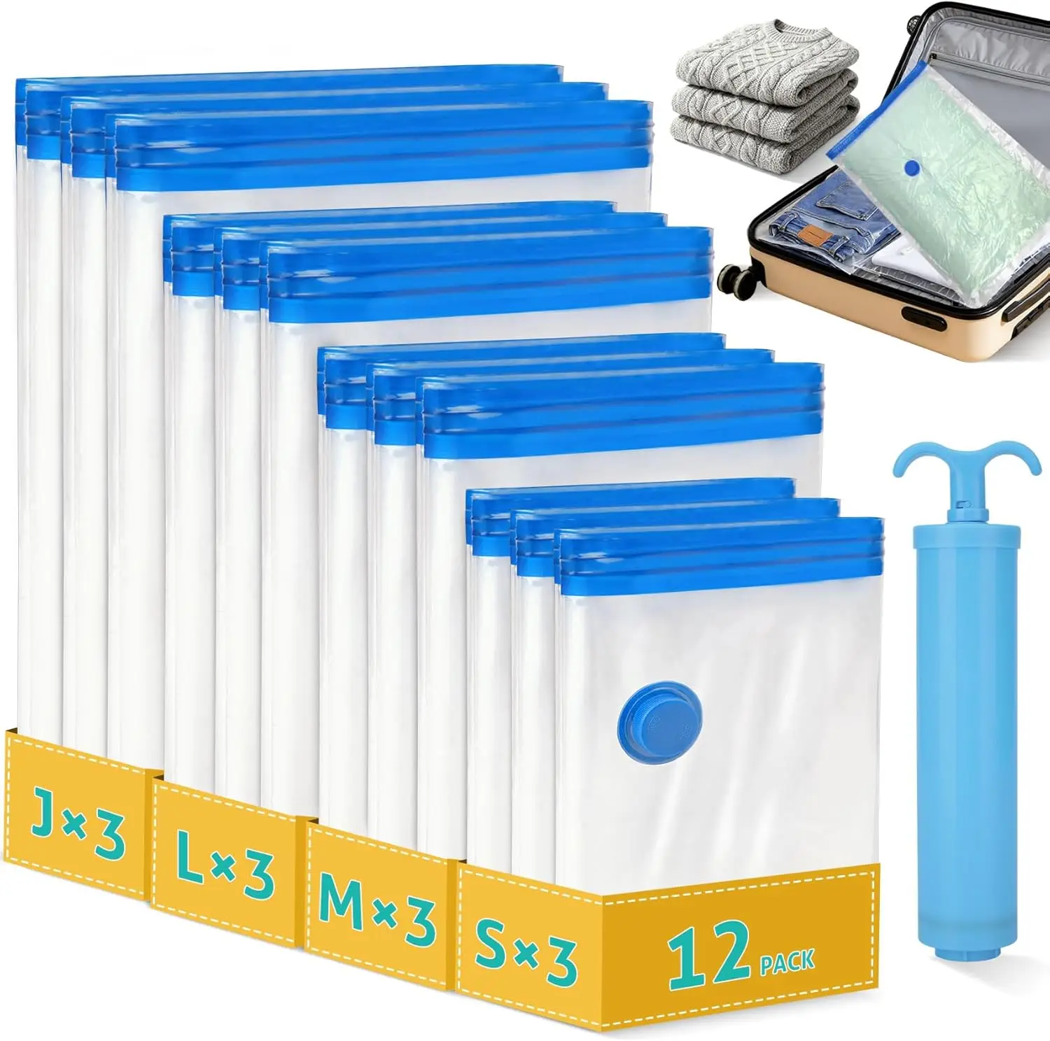 

12 Pack Travel Vacuum Storage Bags 4 Sizes with Pump, Space Saver for Clothing and Bedding in Luggage