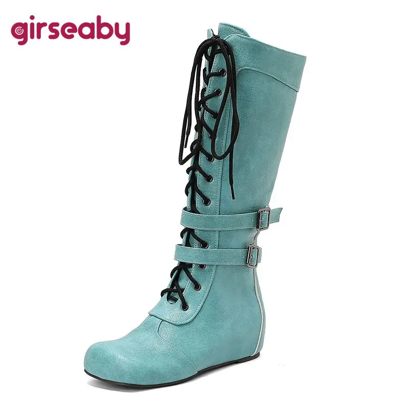 

GirseabyNew Design Female Knee High Boots Round Toe 4cm Heel Zipper Lace Up Buckle Available in Size 44 46 48 49 50 Retro