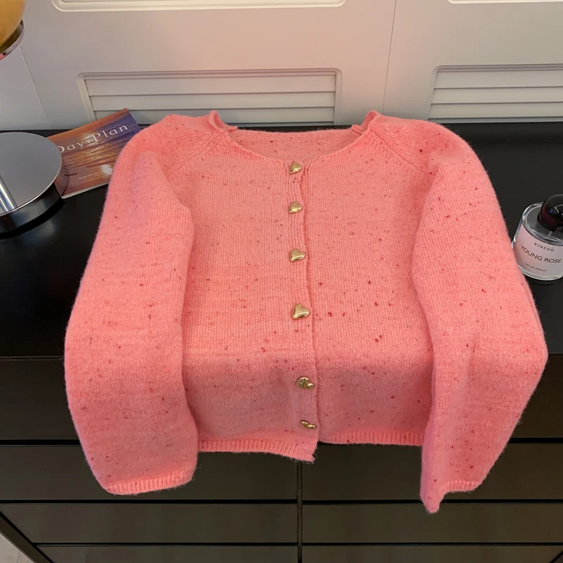 

Women's Pink O-Neck Cardigan Long Sleeve Luxury Knit Sweater Harajuku Vintage 2000s Mink Cashmere Sweater Cutecore Clothes 2025