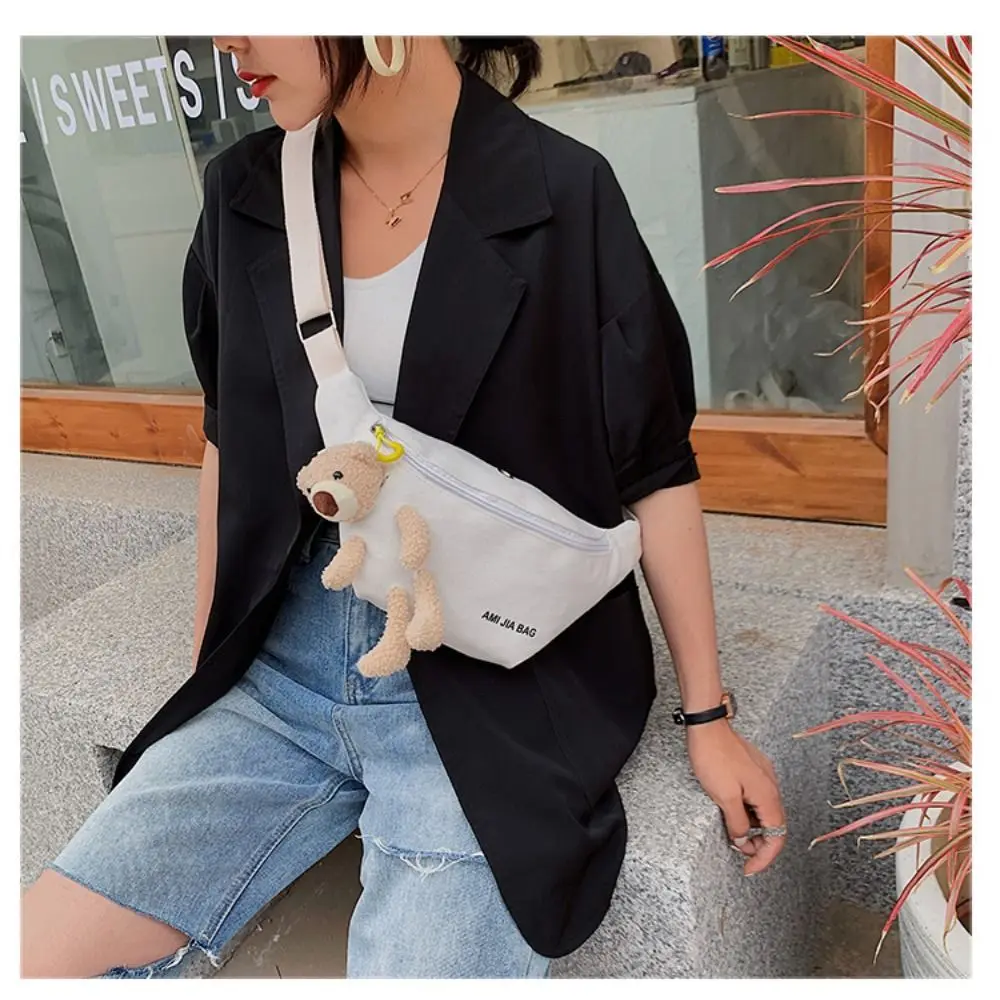 1PC Women\'s Cute Bear Waist Bag Canvas Belt Bags Designer Crossbody Chest Bag Female Solid Fanny Pack Banana Hip Purse