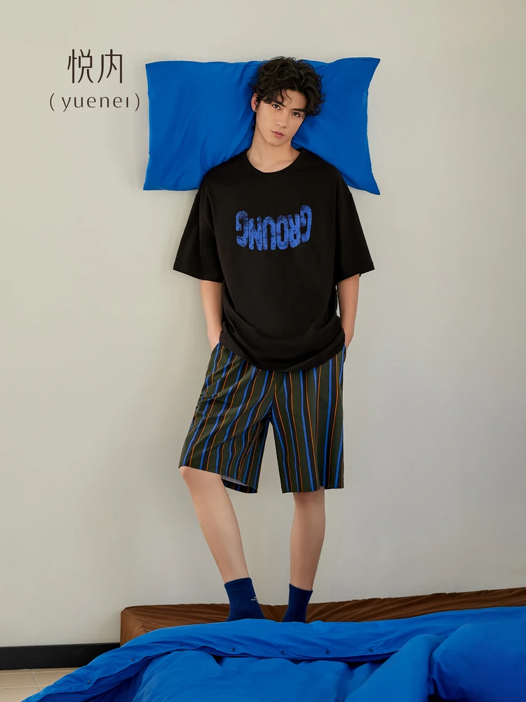 men's-pure-cotton-summer-sleepwear-short-sleeve-round-neck-casual-home-clothes-set-youth-loose-fit-comfortable-breathable