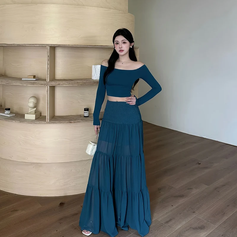Mädchen Schlankes Langarm-Kleid Damen Klassisches Einfarbiges Maxikleid Weibliches Schickes One-Shoulder-Top & Langer Rock Set
