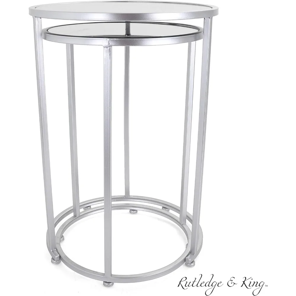 طقم طاولة نهاية مستديرة فضية مع قطع علوية عاكسة - طاولات متداخلة بلمسة نهائية فضية ومرآة