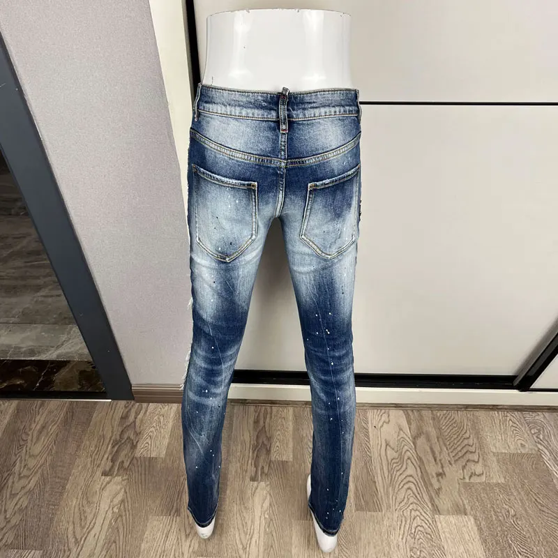 Street Designer Fashion Men Jeans Retro Blue Stretch Slim Fit Patched Ripped Jeans Men Beading Hip Hop Brand Denim Pants Hombre
