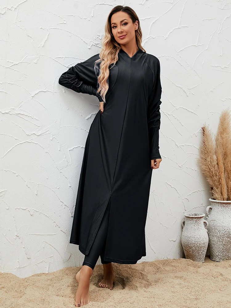 Long Sleeved Split Swimwear 2024 Woman Black Sunscreen Three Piece Muslim Swimsuit Solid Color Elegant Arabic Bathing Suit