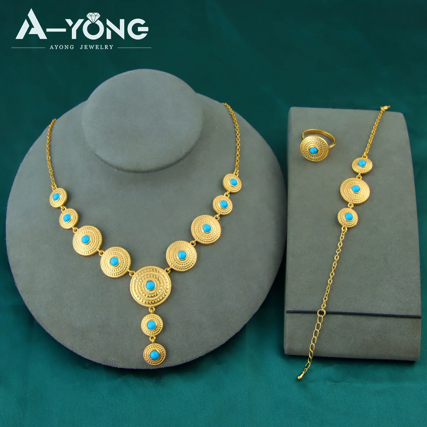

Дубайский модный комплект ювелирных изделий с бирюзой, 24-каратное позолоченное Эфиопия, свадебное ожерелье, браслет, серьги, арабские женские свадебные украшения
