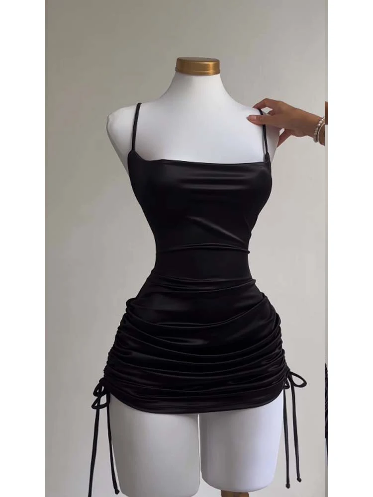 Mini vestido sin mangas con espalda descubierta para mujer, vestido Sexy de satén con cordones, Bodycon, Vestidos de fiesta negros, moda elegante, Vestidos de noche para Club de verano