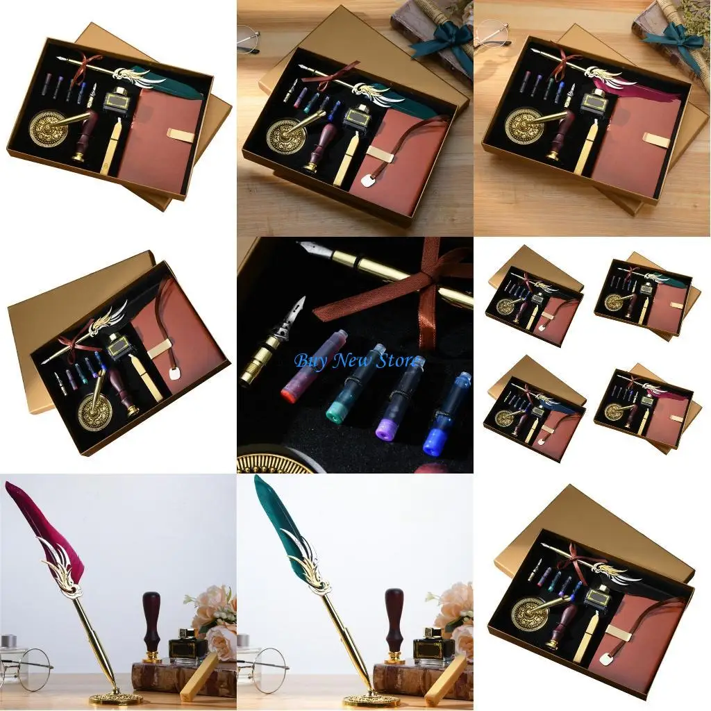 

20CE Vintage Dip Pen and Inks Set Antique Feathered Dip Pen and Vintage Seal Stamp Set for Wedding Invitation Scrapbooking