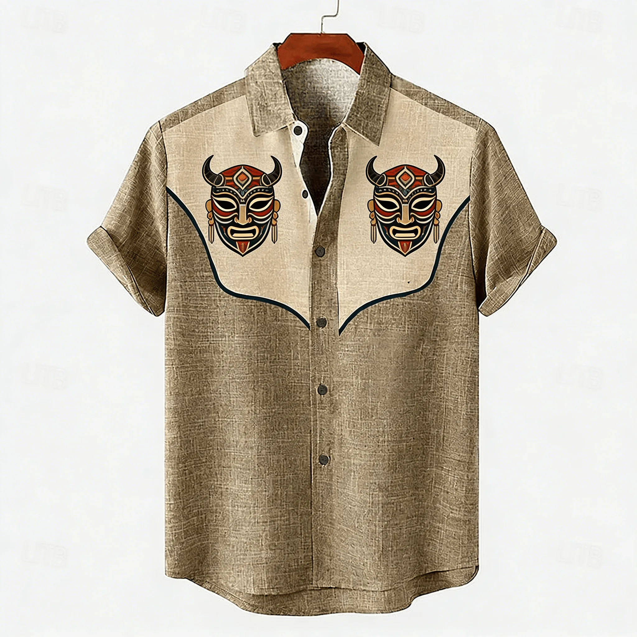 

Men's Tribal Mask Print Short Sleeve Shirt, Ethnic Totem on Western Style Color Block Design Button Down for Spring Summer