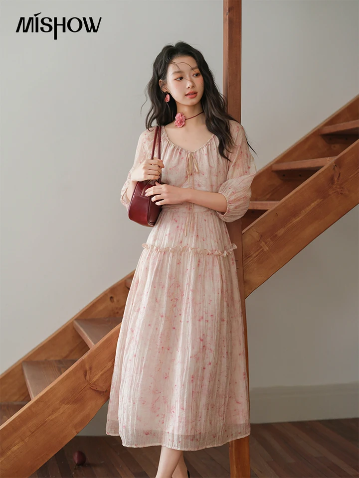 MISHOW Korean Women's Floral Pink Dress Autumn Convertible V Neck Off  Shoulder Bubble Sleeves Elastic Waist Dresses MXE41L2479 - AliExpress  200000345