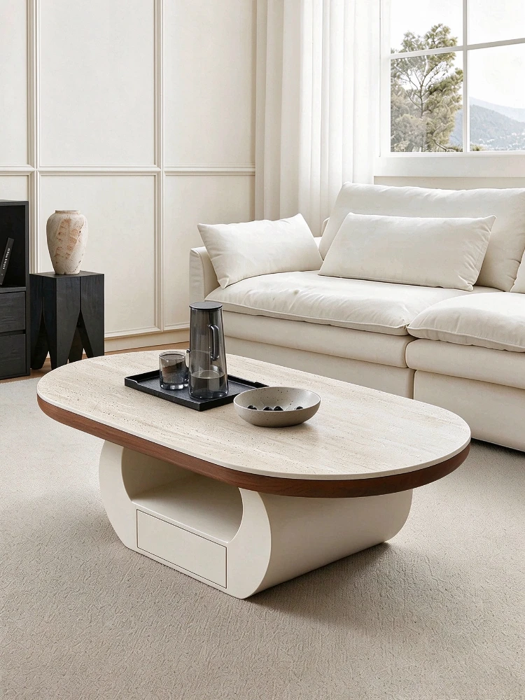Living Room Furniture Modern Simple Cream Wind Tunnel Slate Oval Living Room Home Solid Wood Paint Storage Drawer Coffee Table