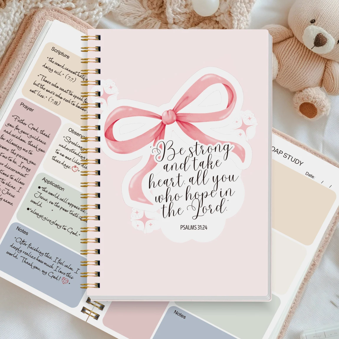 Bible Study Journal A5 Pink Bow Spiral Notebook Christian Devotional Soap Planner Prayer Scripture Notes Gift for Women