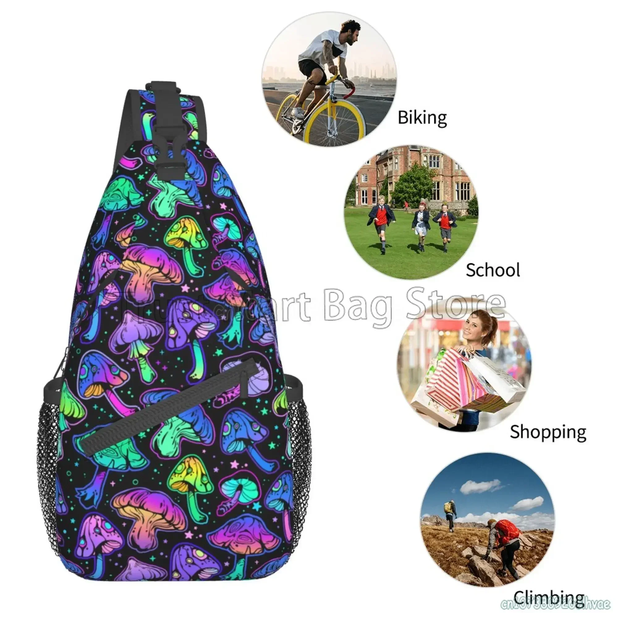 Colorful Magic Mushroom Sling Bag Casual Crossbody Backpack Travel Hiking Daypack Lightweight Chest Purse Fashion Shoulder Bags