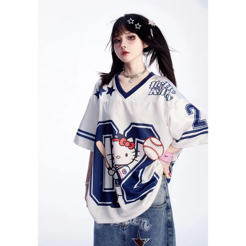 

3D Printed American Cartoon Quick Drying Short Sleeved T-shirt for Women's Summer Loose Fitting Patchwork V-neck Sports Top