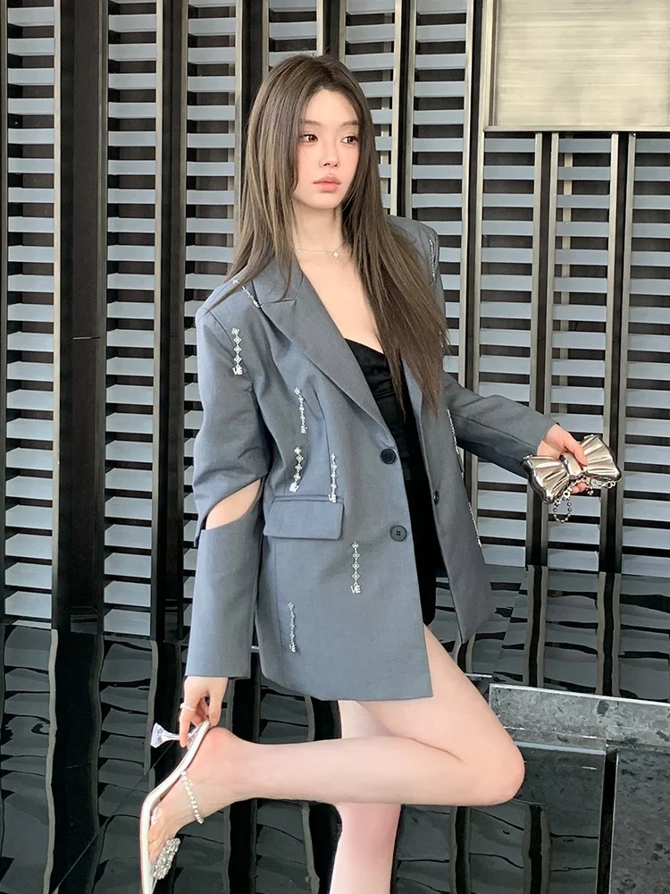 

FanyFloss Casual Oversized Sequin Tassel Embellied Suit Jaet Hollow out Faionable Women's Busin Casual Coat