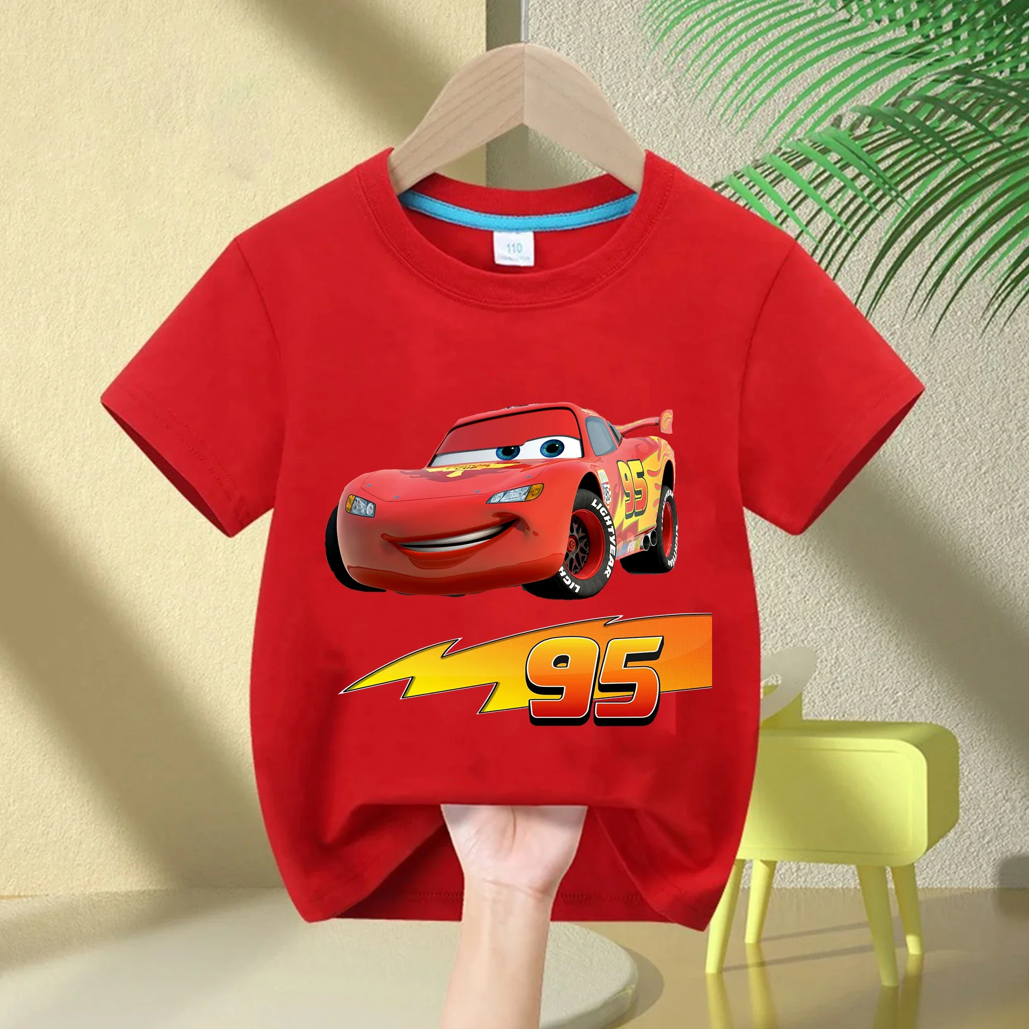 

2025 Summer New Disney Cars Lightning McQueen Around Short-sleeved Boys and Girls Summer 100% Cotton All-match T-shirt Clothes