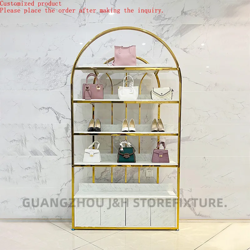 

Custom.Women Shop Custom Design Semicircle Golden Shoe Rack and Handbag Display Shelf Stand with LED Light