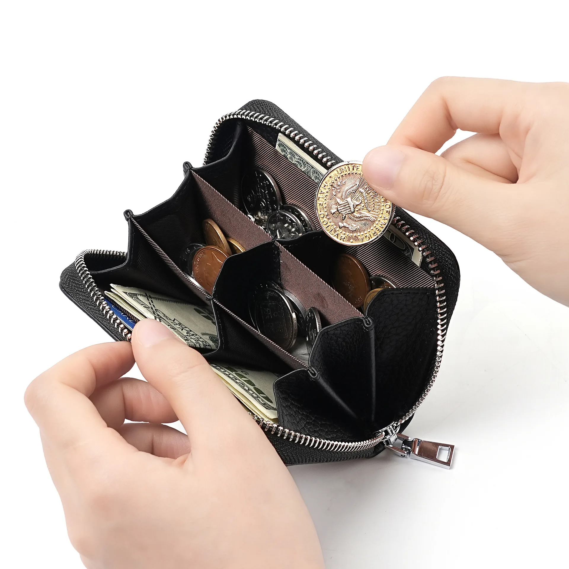 

Женский кошелек из натуральной кожи, небольшой кошелек на молнии с функцией RFID, сумка для карт, кошелек с несколькими карманами для наличных, кошелек для монет