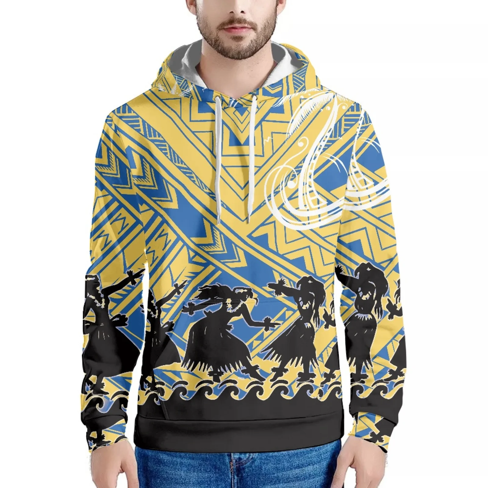 Dancer Tribal Pattern Polynesian Print Tattoo Hawaiian Samoan Style Sweatshirt Long Sleeve Slim Men's Hoodie Warm Autumn