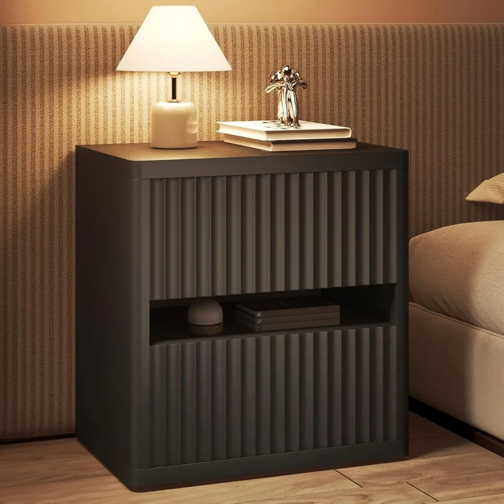

mid-century modern fluted nightstand with two drawers for bedroom, wide wood bedside table storage