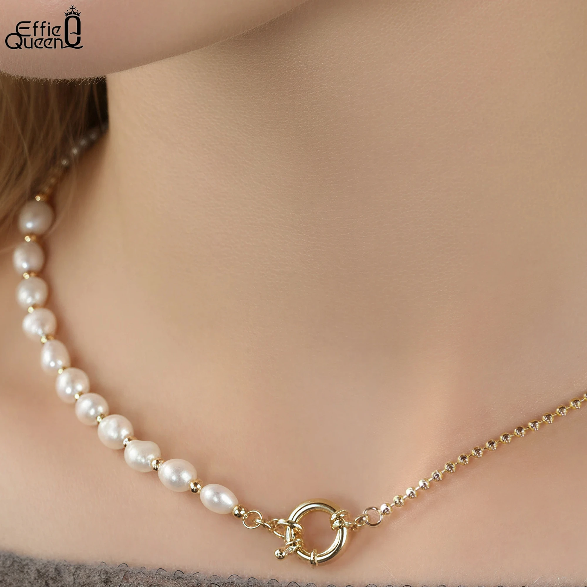 

EFFIE QUEEN 100% серебро S925, золото 14 карат, овальные жемчужные бусины, колье, ожерелье, модные украшения для женщин, подарок для банкета, вечеринки GPN93