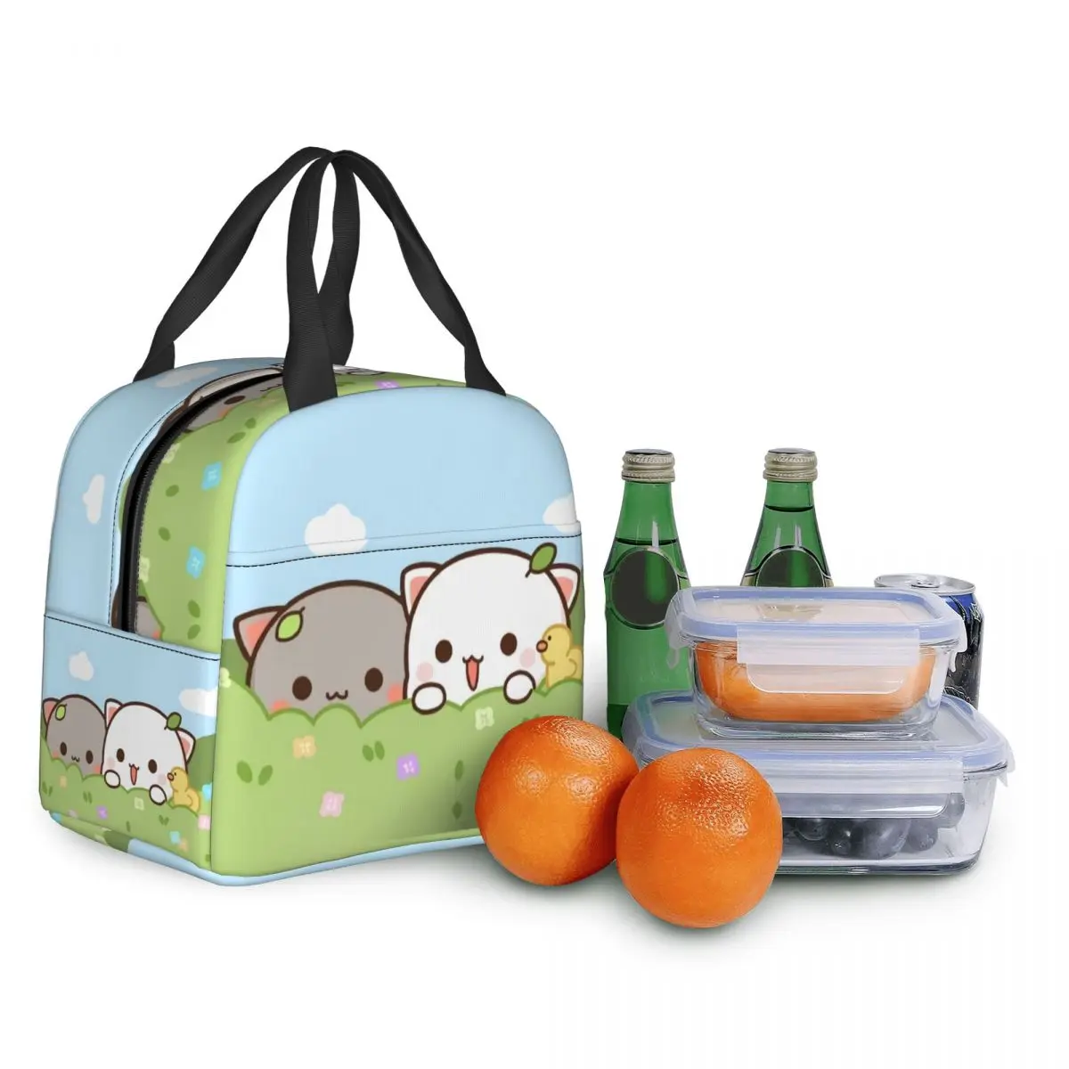 Peach And Goma Insulated Lunch Bags for Work School Picnic Cartoon Mochi Cat Leakproof Cooler Thermal Lunch Box Women Kids