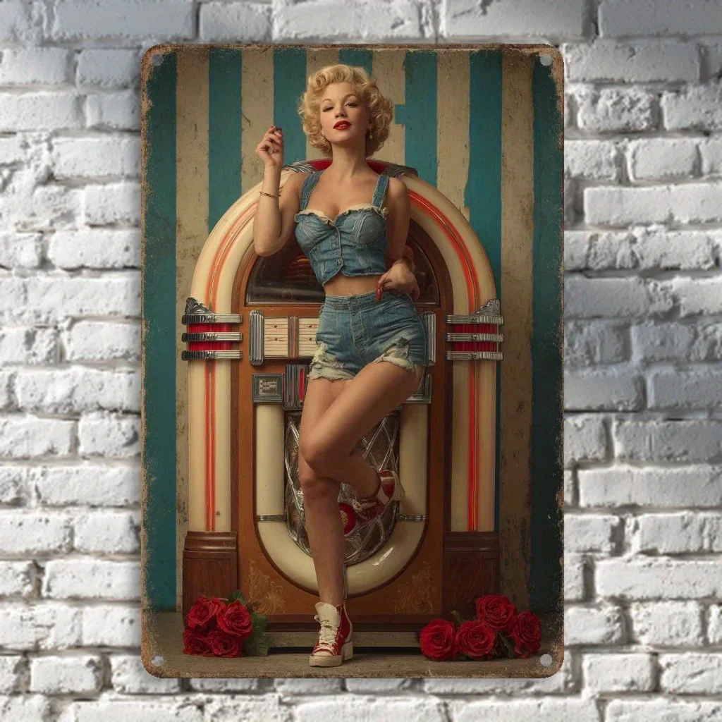 2D Flat Vintage Metal Tin Sign 8x12 Retro Beauty with Phonograph Wall Art for Home Office Bar Garden Bathroom Decor