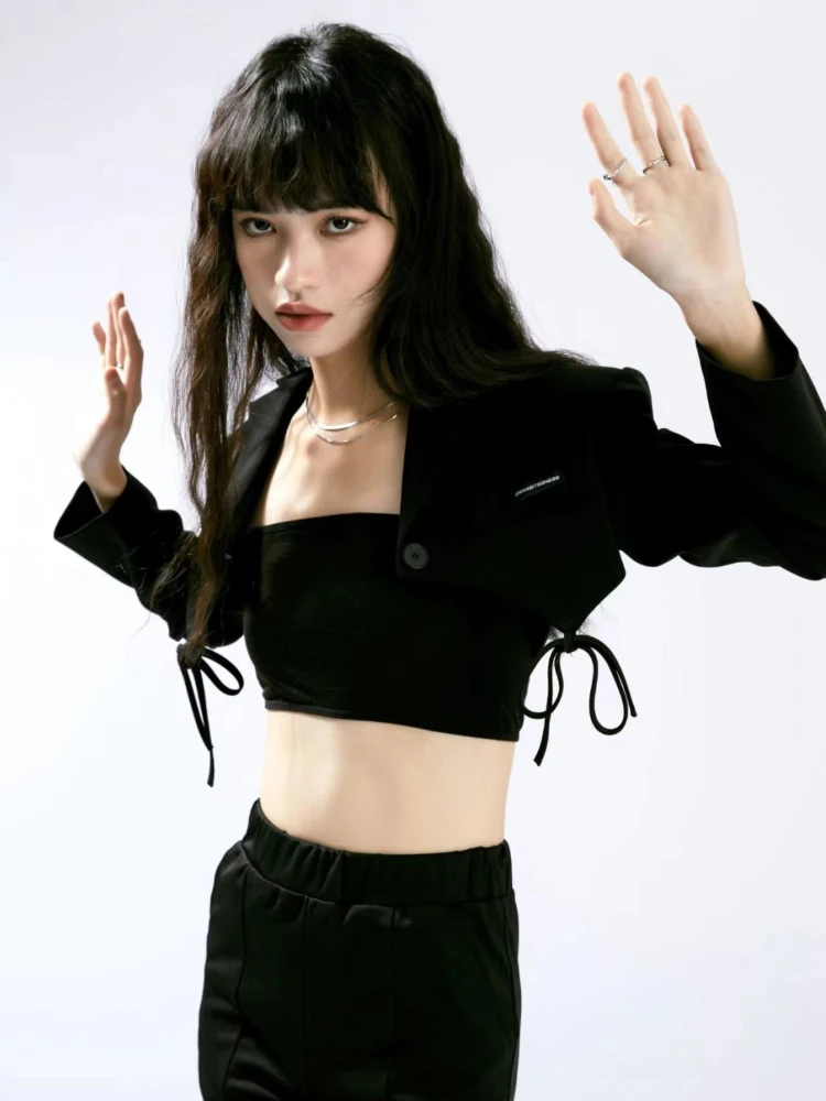 Bléiser corto negro para mujer, ropa de calle con muescas, estilo minimalista, para oficina, Y2k, Primavera