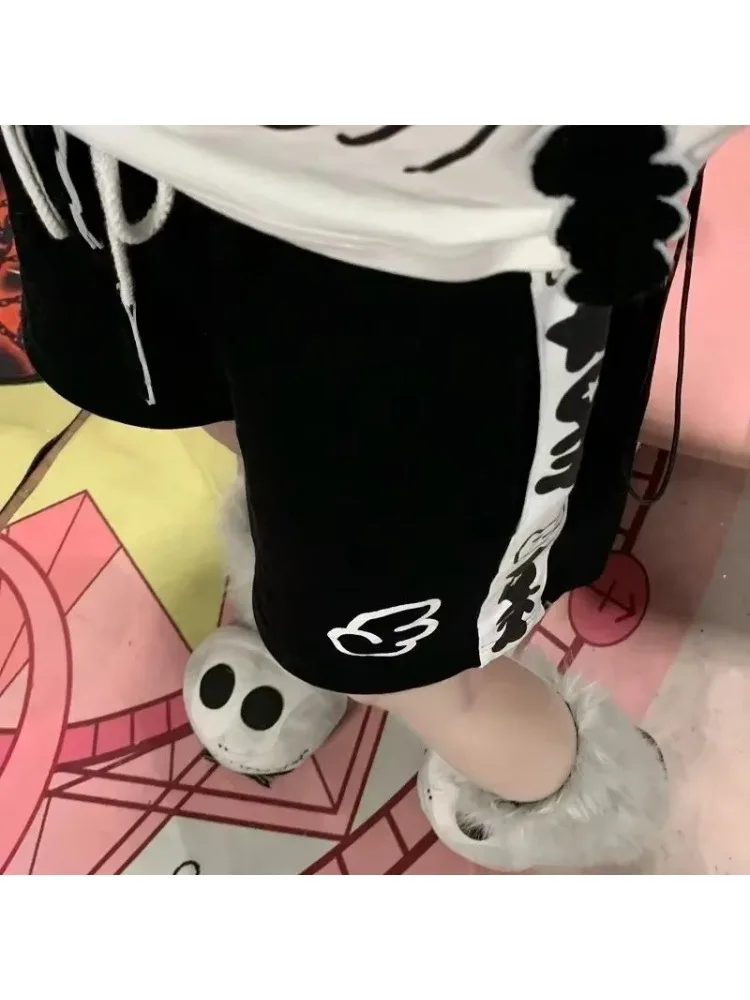 HOUZHOU Kawaii Sweet Lace Up 여성 반바지 귀여운 만화 프린트 일본식 와이드 레그 짧은 바지 헐렁한 캐주얼 젊은 여름