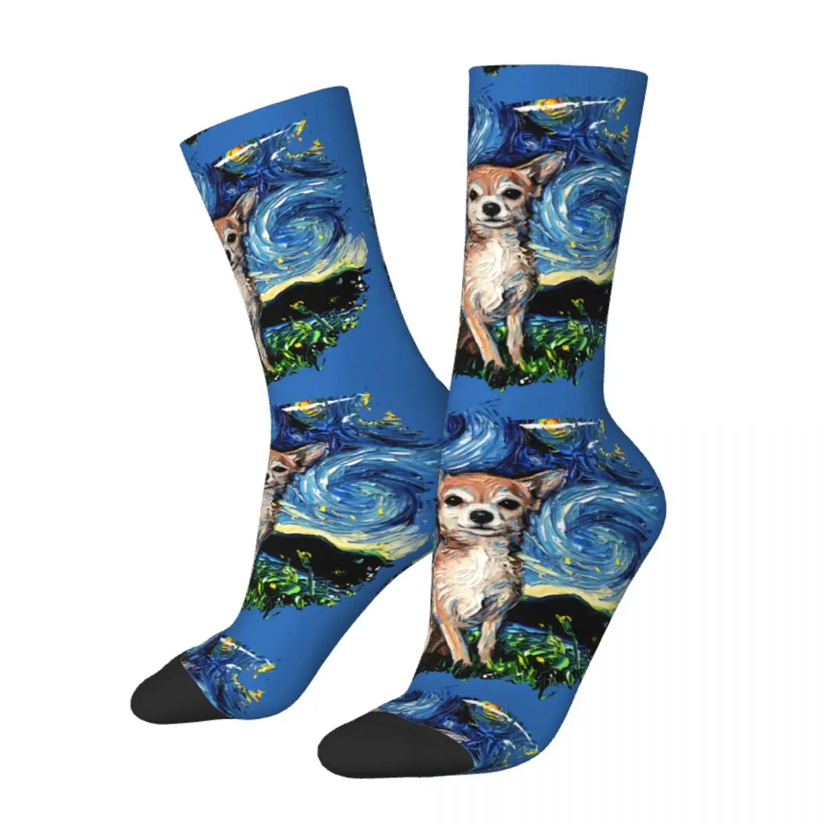 Happy Funny Men's Socks Starry Night With Border Retro Harajuku Chihuahua Pet Dog Lovers Street Style Novelty Pattern Crew Sock