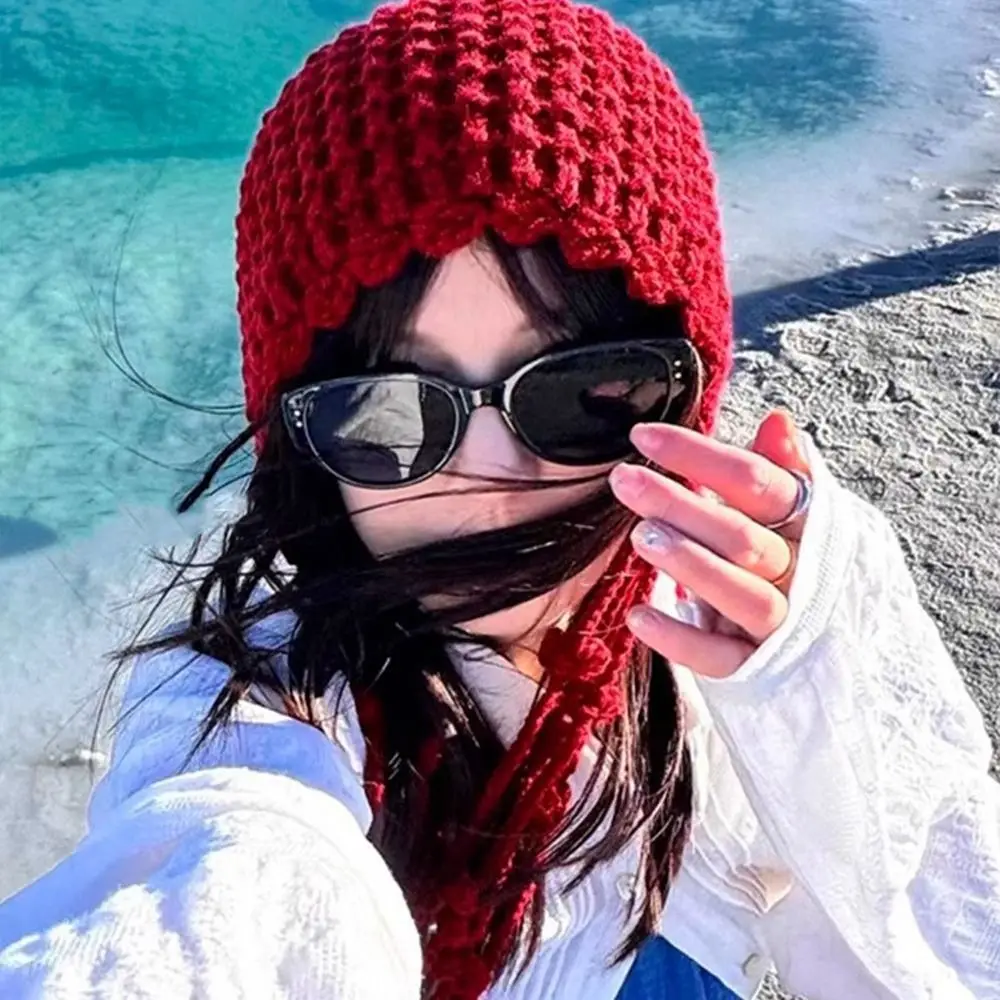 

Sweet Tassels Crochet Knitted Hat Hollow Out Bohemian Style Knit Cap Korean Handmade Weave Cap Apparel Accessories