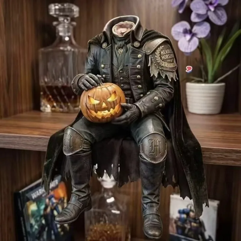 Halloween Headless Horseman Resin Statue, Gothic Headless Knight Holding Glowing Pumpkin Figurine, Horror Desktop Ornament Home