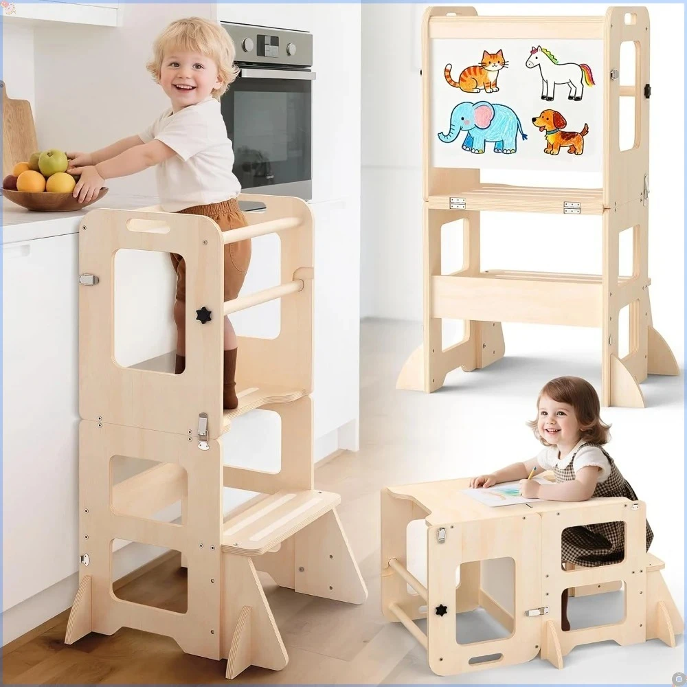 

4-in-1 Children's Kitchen Learning Stool, Foldable Standing Learning Tower with Whiteboard, suitable for children aged 1-3 years