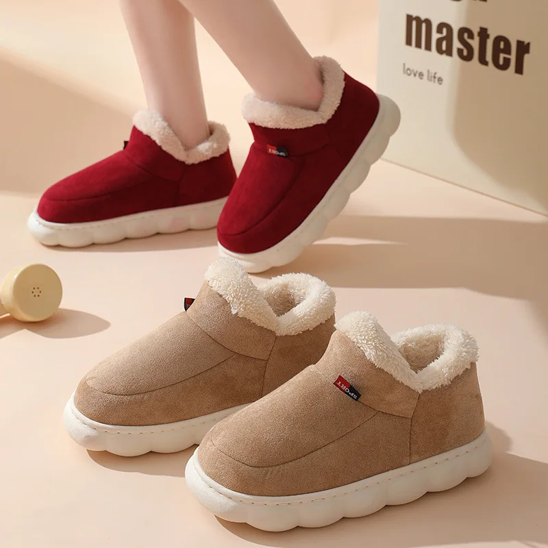 Fur Fluffy Flat Slippers For Women Men Winter Plush Lined Non-slip Snow Boots Indoor Keep Warm House Fuzzy Cotton Shoes