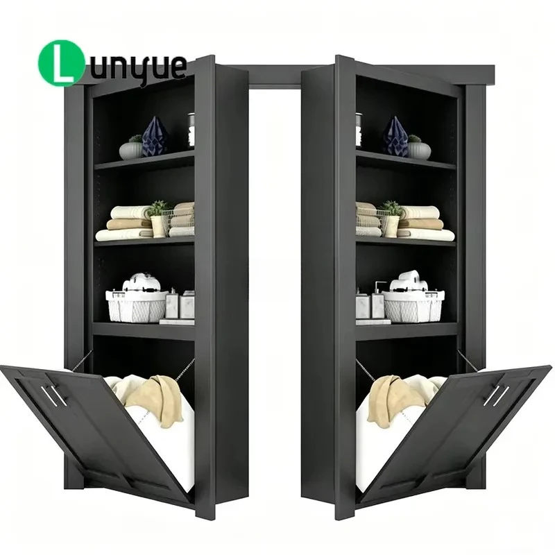 Dark Gray Wooden Organizer with Secret Hidden Door Storage Cabinet for Bathroom Space Saving Compact Design