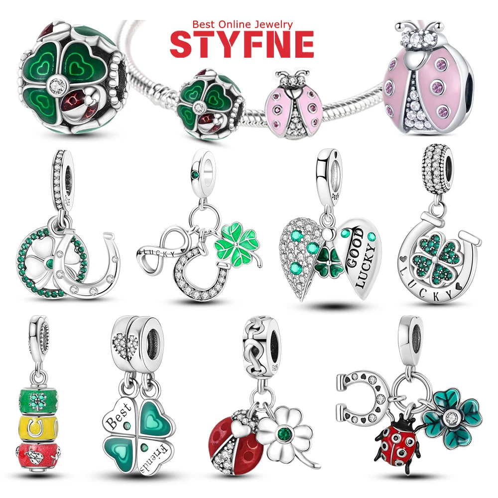 925 Silver Magnetic Opening Closing Horseshoe Clover Transfer Beads Pink Ladybug Charm Pendant Fit Diy Bracelet Birthday Gift