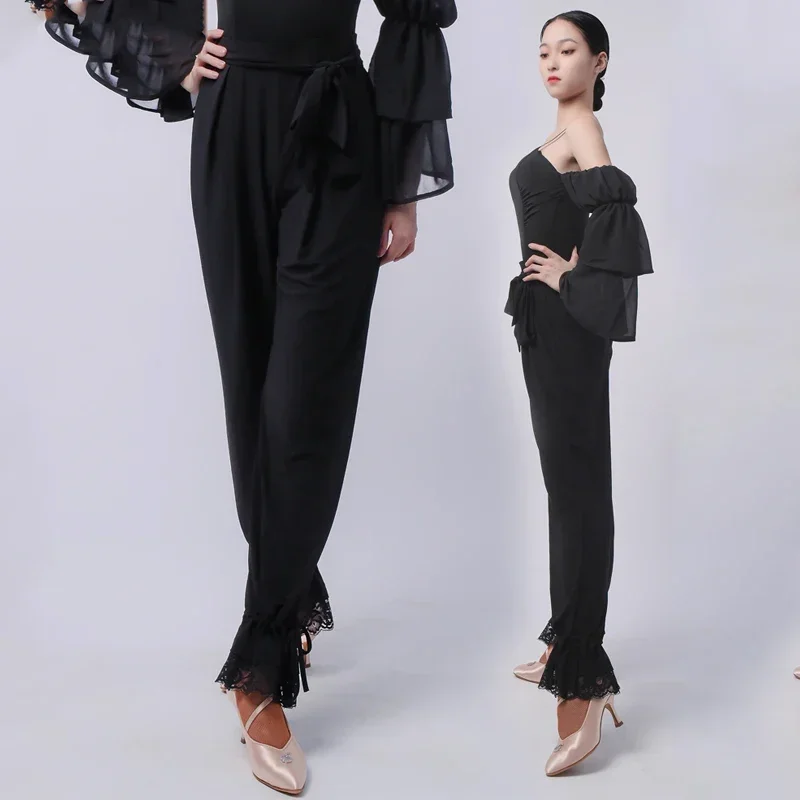 

2024 New Latin Dance Pants For Women Black Elastic Flower Bud Trousers Chacha Rumba Tango Dress Adult Latin Dance Wear DN14467 M