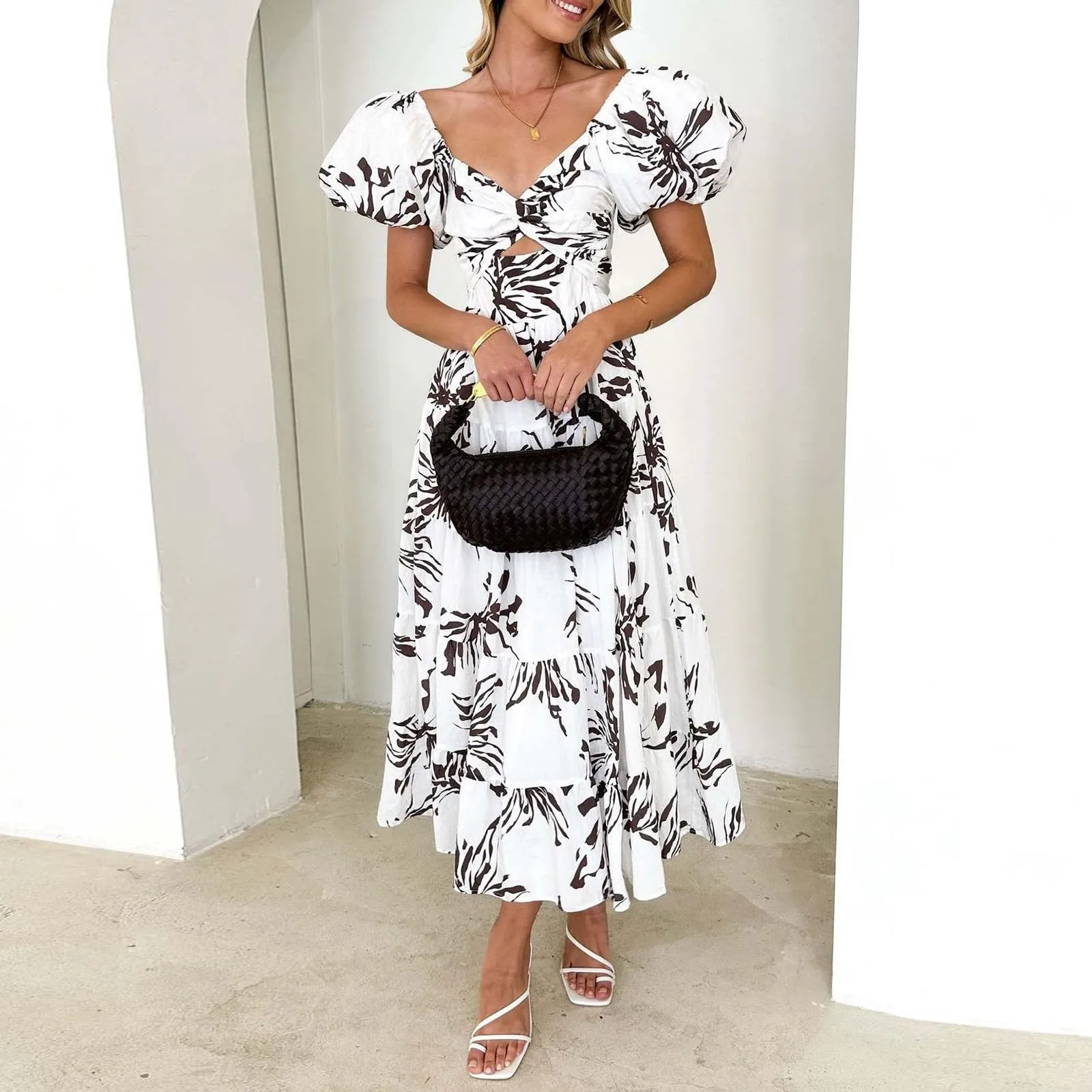 2024 Formele Jurken Voor Vrouwen Poff Mouwen Crossover V-Hals Gebloemde Lange Jurk Casual Zomer Jurk Bloemen Feestjurken Elbise