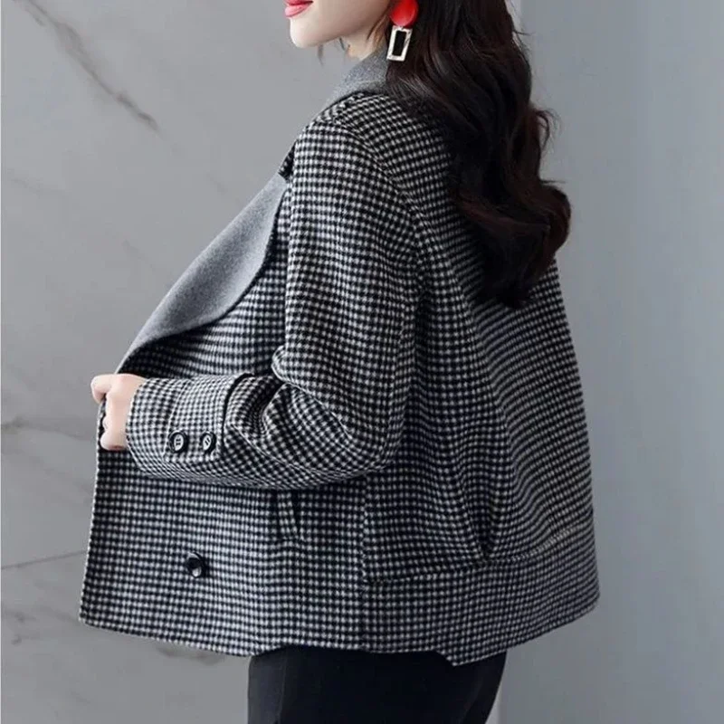 2024 Autumn New Check Plaid Wool & Blend Women\'s Blazers Tweed Clothing Female Coats and Jackets Gray Outerwear Tailoring In