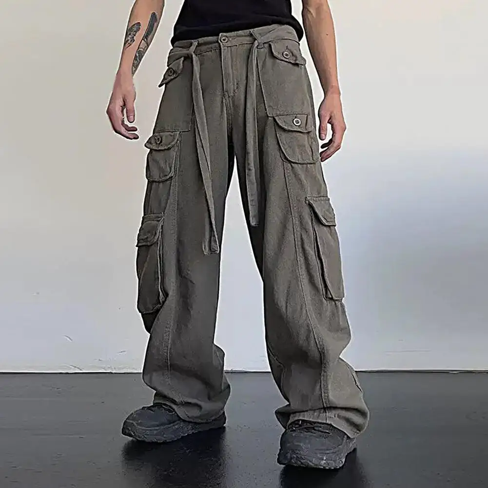 

Multiple Pockets Zipper Button Placket Belt Men Pants Straight Wide Leg Solid Color Cargo Pants Streetwear