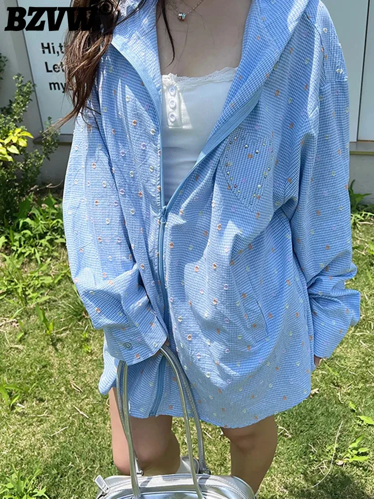 

BZVW Casual Shirt For Women Hooded Long Sleeves Zipper Pockets Design Contrast Color Blouses 2024 Autumn New Clothing 25A8400