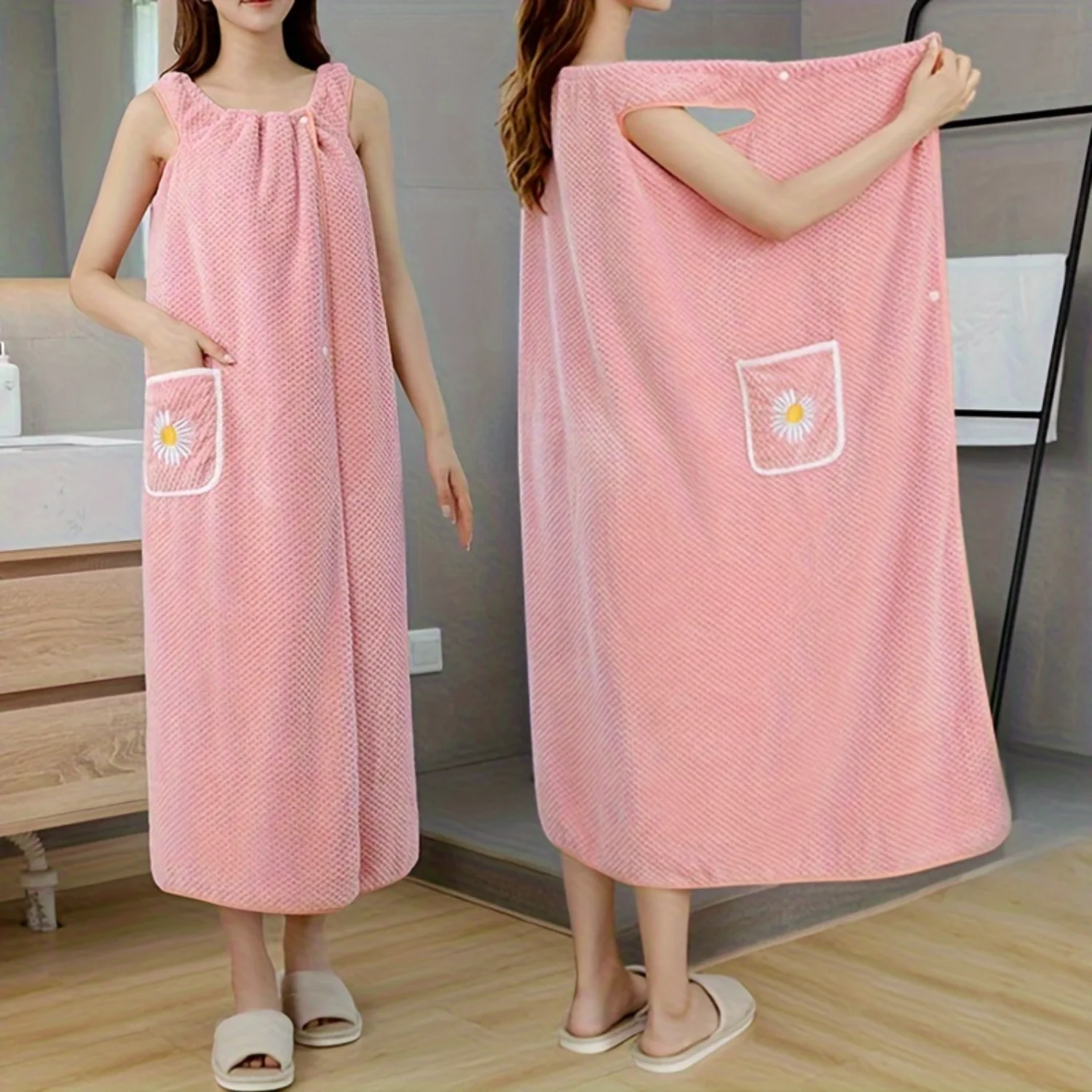 Super Soft Polyester Bath Towel Wrap with Pockets, Daisy Pattern Plaid Knit Fabric Shower Robe for Women, Absorbent Bathing Supp