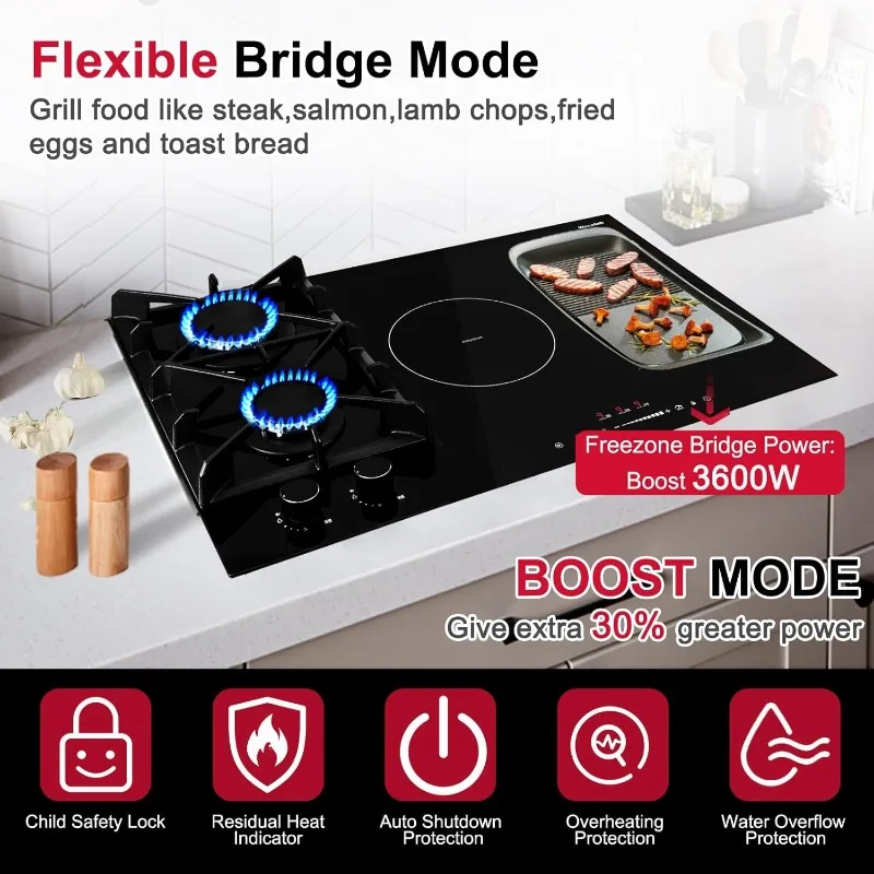 30 Inch Gas Cooktop Mix Induction Cooktop Built-in Gas and Induction Combo 5 Burners Hybird 12000BTU Boost 6700W