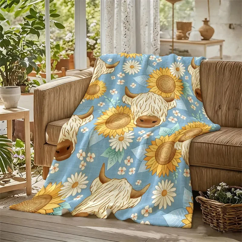 Highland Cow Sunflower Flannel Blanket Warm Soft Halloween Christmas Decorative Couch Warm Cozy All-Season Gift