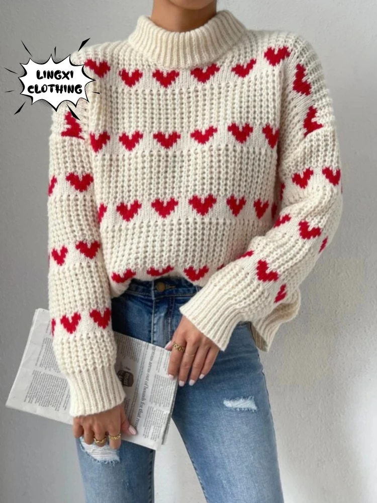 2023 Autumn New Women\'s Knitted Top Pullover Round Neck Heart Jacquard Knitted Warm and Elegant Street Style Knitted Sweater