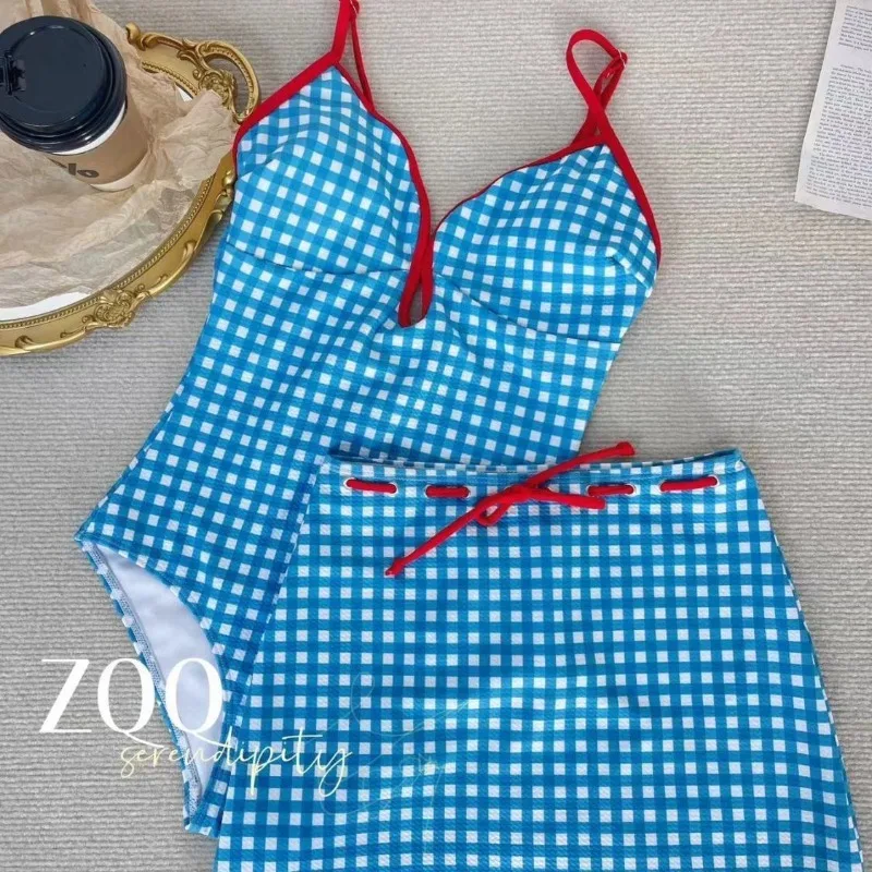 New Blue Plaid One-piece Swimsuit Women's Split Comes To A Two-level Piece Set Pure Desire Chest Pad Swimwear Outfits Summer