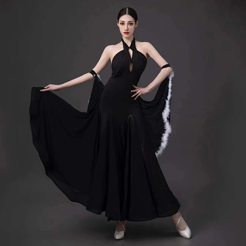 Sexy Ballroom Dance Dress Women Modern Dance Costume Halter Neck Black Dress Waltz Performance Clothing Tango Dancewear BL10243