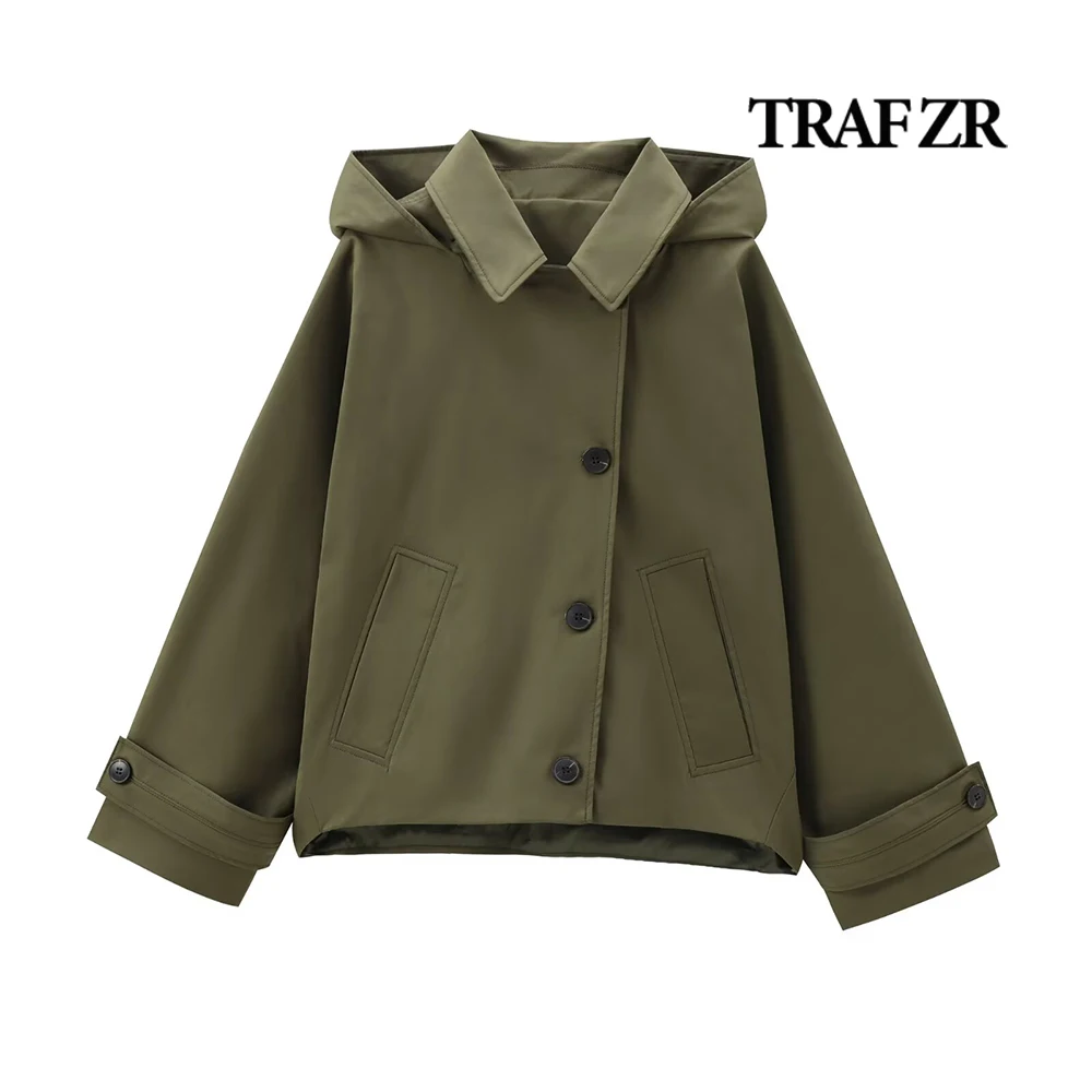 TRAF ZR High Street Women's Jackets with Removable Hood Basic Loose Solid Trench 2024 Autumn Long Sleeve Lapeled Lady Coats