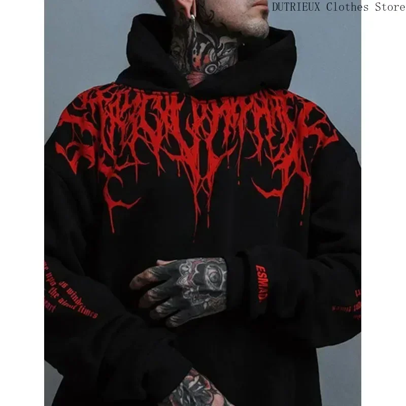 Masculino mal sangue grande padrão hoodie personalidade única casual hoodie outono/inverno engrossado quente preto hoodie para homem completo