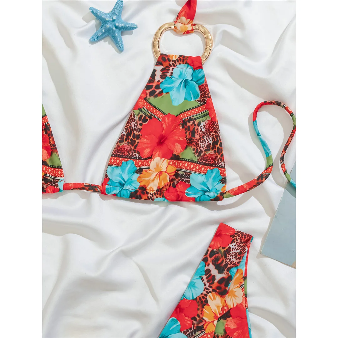 Mit Sarong-Blumenmuster, Neckholder-Bikini, Damen-Badeanzug, dreiteiliges Bikini-Set, Badebekleidung, Badeanzug, Schwimmanzug V7786 – Detail 8